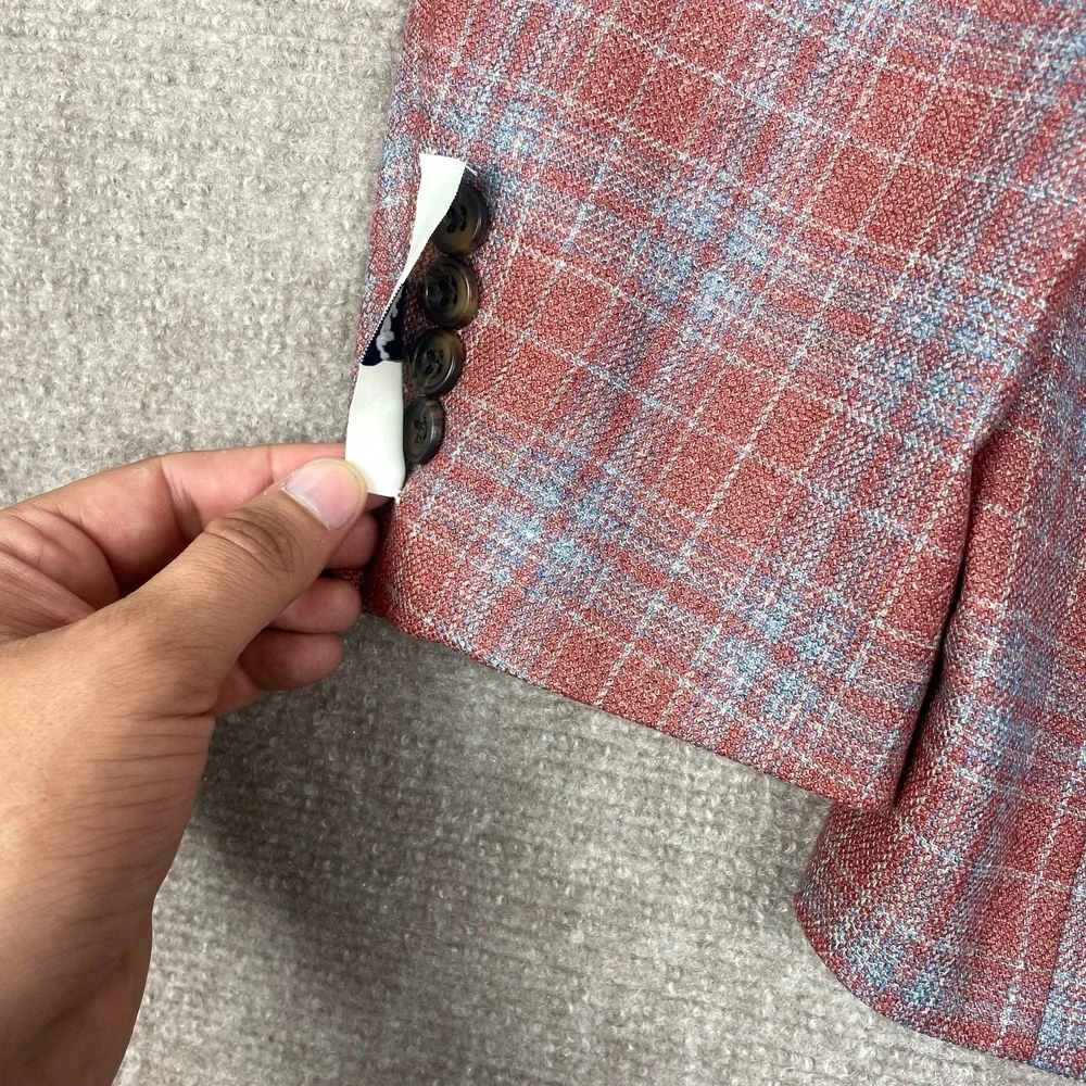 Thom Hudson Blazer Sport Coat Mens 42R Raspberry Plaid Wool Silk Notch Lapel